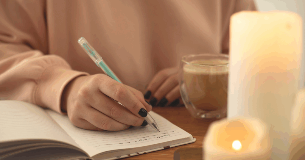 Woman journaling or meditating with a warm drink with candles in the image