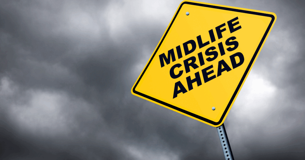 midlife crisis ahead sign with a storm cloud above it